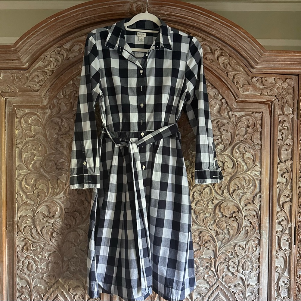 J. Crew Black and White Plaid Long Sleeve Shirt Dress